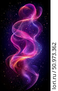 Vibrant abstract cosmic energy flow with shimmering magenta, purple, and orange light waves against a dark starry background. Стоковое AI-изображение, AI-художник Данила Большаков / Фотобанк Лори