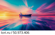 A majestic cargo vessel sails through a tranquil yet vividly colored ocean, reflecting the surreal hues of a breathtaking sunset or sunrise sky, blending fiery oranges with cool blues and vibrant purples. Стоковое AI-изображение, AI-художник Данила Большаков / Фотобанк Лори