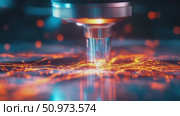 A radiant high-tech instrument emitting a blue beam, creating vibrant orange energy trails on a reflective surface. Стоковое AI-видео, аниматор Данила Большаков / Фотобанк Лори