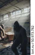 A post-collapse interior scene featuring large apes wandering amidst scattered wreckage and bright light. Стоковое AI-видео, аниматор Данила Большаков / Фотобанк Лори