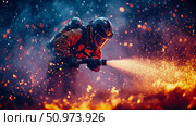 Brave Firefighter Battling Blaze: Dramatic Scene of a Firefighter Extinguishing a Fierce Inferno. Стоковое AI-изображение, AI-художник Данила Большаков / Фотобанк Лори
