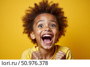 Portrait of an excited dark-skinned toddler on a yellow background. AI generative. Стоковое AI-изображение, AI-художник Роман Дзюбало / Фотобанк Лори