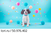 Adorable Springer Spaniel Puppy amidst Colorful Pom-Poms and Confetti. Стоковое AI-изображение, AI-художник Данила Большаков / Фотобанк Лори