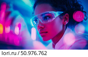 A Woman Scientist in Neon-Lit Lab: Close-up Portrait. Стоковое AI-изображение, AI-художник Данила Большаков / Фотобанк Лори