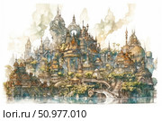 Watercolor illustration of a magical city in a fantasy style. Multi-level architecture with graceful towers, domes and bridges surrounded by greenery and light clouds. The city seems to float between reality and a dream, reminiscent of the atmosphere of a fairy tale, steampunk and elven legends. Suitable for the design of books, games, posters and decorative products. Стоковое AI-изображение, AI-художник Анна Кривицкая / Фотобанк Лори