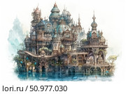 A fantastic architectural illustration depicting a majestic fairy-tale city on the water. The composition is made in the steampunk style with elements of Victorian and Renaissance architecture. Domes, towers, arches and balconies create a complex, multi-layered structure filled with details. The city is reflected in the calm surface of the water, emphasizing the magical atmosphere and a sense of adventure. Suitable for the design of fantasy books, games, tabletop role-playing systems, as well as posters and decorative products. Стоковое AI-изображение, AI-художник Анна Кривицкая / Фотобанк Лори