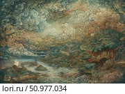 A fantasy landscape in the style of a detailed woodcut or fine art print with surrealist elements. The painting depicts stormy skies, billowing clouds and a mythical landscape with rivers, trees, rocks and bizarre structures embedded in nature. The illustration is executed in a complex palette of emerald, amber and ochre tones, creating depth and atmosphere of an ancient myth or a post-apocalyptic world. Ideal for book design, music covers, board games, prints and collectible posters. Стоковое AI-изображение, AI-художник Анна Кривицкая / Фотобанк Лори