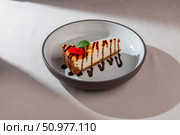 Baked cheesecake with graham crust and chocolate sauce, garnished with mint leaf and flower on a ceramic plate in soft daylight. Стоковое фото, фотограф Aleksandr Gavrilychev / Фотобанк Лори