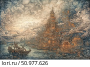 A fantastic watercolour illustration of a fairytale coastal city with majestic towers, swirling domes and ancient ships at the shore. Swirling clouds, smoke and waves create an atmosphere of grand myth, where elements of fantasy, steampunk and ancient architecture mix. The illustration is executed with exceptional detail, emphasizing the depth, movement and drama of the scene. Ideal for book design, covers, board games, fantasy projects and collectible posters. Стоковое AI-изображение, AI-художник Анна Кривицкая / Фотобанк Лори