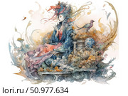 Watercolor fantasy illustration of a graceful woman in traditional dress, sitting among swirls of flowers, moss, ancient columns and fantastic creatures. Her pose is calm and focused, and next to her on the column sits a bright bird, adding lightness and poetry to the composition. Airy lines, soft shades and detailed work create an atmosphere of a meditative fairy tale, eternal beauty and a subtle connection with nature and culture. Стоковое AI-изображение, AI-художник Анна Кривицкая / Фотобанк Лори