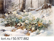 Watercolor illustration of a spring forest, where the first white flowers are breaking through the melting snow. Soft light penetrates through the tree trunks, creating an atmosphere of hope, awakening of nature and fragile beauty of life. The work is done in a delicate color scheme with high detail of leaves, petals and snow cover. Ideal for decorating postcards, calendars, books about nature, decorative prints and spring collections. Стоковое AI-изображение, AI-художник Анна Кривицкая / Фотобанк Лори
