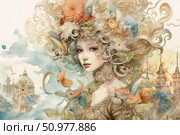 Watercolor fantasy illustration of a fairy-tale girl whose hair is intertwined with flowers, leaves, birds and fantastic creatures. On either side of her are castles in the air and towers, creating the atmosphere of a mythical world. A light color palette, delicate lines and decorative detailing give the image a sense of dream, magic and natural harmony. Ideal for book design, posters, postcards, design projects and decorative collections. Стоковое AI-изображение, AI-художник Анна Кривицкая / Фотобанк Лори