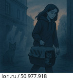 The illustration, in muted blues and greys, depicts a young girl walking down a street in the evening or early morning with a cat in a carrier. Her face is tired and anxious. In the dark alleys, silhouettes of other cats are visible - like ghostly memories or waiting for help. The scene conveys an atmosphere of loneliness, compassion and internal struggle, typical of animal rescuers and volunteers. This work can be used in themes of animal protection, volunteering, empathy and social support. Стоковое AI-изображение, AI-художник Анна Кривицкая / Фотобанк Лори