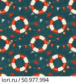 This vibrant Nautical Themed Pattern features delightful Lifebuoys and festive Banners. Стоковая иллюстрация, иллюстратор Елена Захаревич / Фотобанк Лори