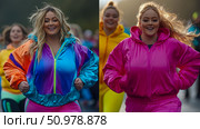 Women in 80s Retro Tracksuits Participating in a Fun Run. Стоковое AI-изображение, AI-художник Данила Большаков / Фотобанк Лори