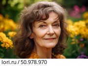 Женщина средних лет гуляет в саду, портрет на природе. Стоковое AI-изображение, AI-художник Щеголева Ольга / Фотобанк Лори