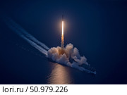 Launching a ballistic missile from a naval destroyer in the middle of the ocean. Стоковое AI-изображение, AI-художник Алексей Кузнецов / Фотобанк Лори