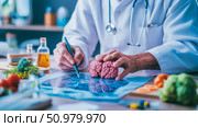 Neurological Research: Doctor Examining Brain and Scan with Healthy Foods. Стоковое AI-изображение, AI-художник Данила Большаков / Фотобанк Лори