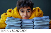 Young Man Overwhelmed by Paperwork, Hidden Behind Yellow Fleece. Стоковое AI-изображение, AI-художник Данила Большаков / Фотобанк Лори