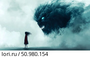 A lone girl confronts a monstrous entity in a misty landscape; a digital painting of fear and confrontation. Стоковое AI-изображение, AI-художник Данила Большаков / Фотобанк Лори