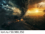 Tornado tearing through a town, illustrating the impact of natural disasters. Concept: Aftermath of natural disasters. For educational, emergency preparedness, and insurance materials. Стоковое AI-изображение, AI-художник Лариса Пономарева / Фотобанк Лори