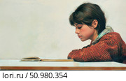 A painting of a young girl deeply engrossed in reading a book. Стоковое AI-изображение, AI-художник Данила Большаков / Фотобанк Лори