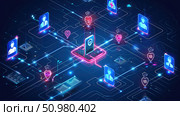 A graphic representation of advanced digital security with holographic shields and padlocks safeguarding a central computer network. Стоковое AI-изображение, AI-художник Данила Большаков / Фотобанк Лори