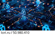 A computer circuit board featuring a secure lock mechanism to protect data and information from unauthorized access. Стоковое AI-изображение, AI-художник Данила Большаков / Фотобанк Лори