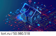 A residential house with a visible WiFi connection being securely connected, signifying modern technology and connectivity. Стоковое AI-изображение, AI-художник Данила Большаков / Фотобанк Лори