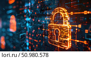 Glowing orange lock icon is displayed on a digital screen, indicating that the device is securely locked. Стоковое AI-изображение, AI-художник Данила Большаков / Фотобанк Лори
