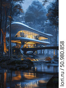 A modern, high-tech house stands in the midst of a dense forest, showcasing a seamless blend of nature and innovation. Стоковое AI-изображение, AI-художник Данила Большаков / Фотобанк Лори