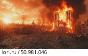Witness the devastating fire consuming Notre-Dame Cathedral in Paris, as evening light casts an eerie glow over the destruction and debris. Стоковое AI-видео, аниматор Данила Большаков / Фотобанк Лори
