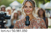 A lively reporter engages with community members at a bustling outdoor event, capturing the essence of local culture on a sunny day. Стоковое AI-видео, аниматор Данила Большаков / Фотобанк Лори
