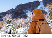 Rear view of man in red ginger jacket and hat with yellow backpack looking at beautiful mountain view with an autumn winter forest landscape Hiking and tourism. Стоковое фото, фотограф Елена Гоосен / Фотобанк Лори