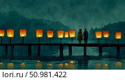 A romantic twilight scene of a couple standing on a pier adorned with glowing lanterns, against a serene mountain backdrop. Стоковое AI-изображение, AI-художник Данила Большаков / Фотобанк Лори