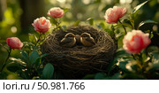 Nestlings in a flower garden: Two baby birds nestled in a cozy bird's nest surrounded by delicate pink blossoms, bathed in soft sunlight. Стоковое AI-изображение, AI-художник Данила Большаков / Фотобанк Лори