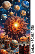 Surrealistic artistic depictions of planets and astrophysical space phenomena in a fantastic setting. Стоковое AI-изображение, AI-художник Анастасия Пальчикова / Фотобанк Лори