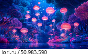 Ethereal Night Forest Illuminated by Floating Bioluminescent Jellyfish, Reflecting a Magical Glow on Calm Waters. Стоковое AI-изображение, AI-художник Данила Большаков / Фотобанк Лори