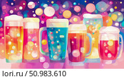 Vibrant array of frothy, colorful beverages in stylized glasses against a whimsical, bubbly background, evoking a festive and joyous celebration. Стоковое AI-изображение, AI-художник Данила Большаков / Фотобанк Лори