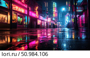 Vibrant night street after rain in a bustling city illuminated by neon signs and glowing reflections. Стоковое AI-изображение, AI-художник Екатерина Красникова / Фотобанк Лори
