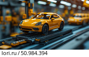 Vibrant yellow sports cars resembling Porsche models meticulously assembled on a detailed automated conveyor belt in a modern miniature factory environment, showcasing industrial precision and production. Стоковое AI-изображение, AI-художник Данила Большаков / Фотобанк Лори