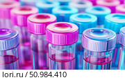 Vibrant close-up of multiple laboratory vials with bright magenta and blue caps containing colorful liquids, symbolizing scientific research, medical innovation, and chemical experimentation in a modern setting. Стоковое AI-изображение, AI-художник Данила Большаков / Фотобанк Лори