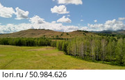 Bannoe Center, Russian Federation - July 27, 2025: Expansive golden grassland landscape under a bright blue sky with fluffy clouds and distant mountains, showcasing the beauty of nature and tranquility. Редакционное видео, видеограф Ирина Ручушкина / Фотобанк Лори