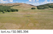 Bannoe Center, Russian Federation - July 27, 2025: Expansive aerial view of lush green forest and rolling hills under bright blue sky showcasing natural beauty and tranquility. Редакционное видео, видеограф Ирина Ручушкина / Фотобанк Лори