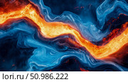 Dynamic Abstract Fusion of Blazing Orange Lava and Serene Blue Liquid Swirls Creating Vibrant Elemental Landscape. Стоковое AI-изображение, AI-художник Данила Большаков / Фотобанк Лори