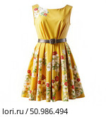 Yellow Floral Bate Dress With Belt. Generative AI. Стоковое AI-изображение, AI-художник Roman Zavorotny / Фотобанк Лори