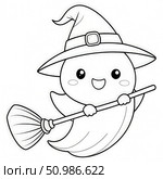 Cute Ghost Witch on a Broomstick. Generative AI. Стоковое AI-изображение, AI-художник Roman Zavorotny / Фотобанк Лори