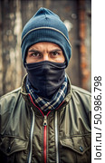 Man Wearing A Blue Knit Beanie and Black Face Mask Outside During the Day. Generative AI. Стоковое AI-изображение, AI-художник Roman Zavorotny / Фотобанк Лори