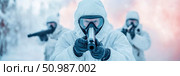 Heavily armed special forces or scientific personnel in white protective suits and gas masks aiming firearms in stark, snow-covered and mysterious winter landscape. Стоковое AI-изображение, AI-художник Данила Большаков / Фотобанк Лори