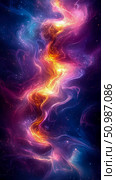 A Dynamic Cosmic River of Luminous Plasma and Stardust, Trailing Vibrant Hues Across Dark Expanse of Galaxy. Стоковое AI-изображение, AI-художник Данила Большаков / Фотобанк Лори